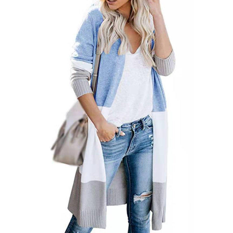 Women's Color Block Cardigan Sweater | Three-Tone Knit | Orange, Khaki, Blue, Grey | S–XXL