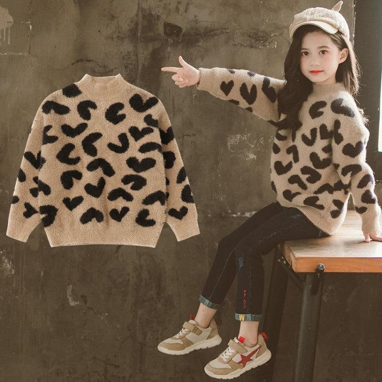 Girls' Leopard Print Mink Wool Sweater | Warm Knit Pullover | 110–160cm