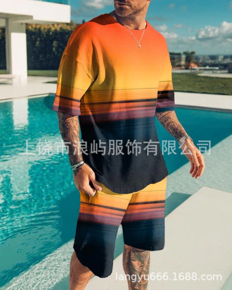 Men's Color Block 3D Printed T-Shirt Set