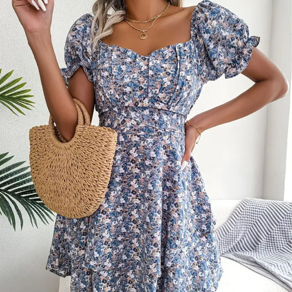Bohemia Floral Print Puff Sleeve Ruffle Hem Dress