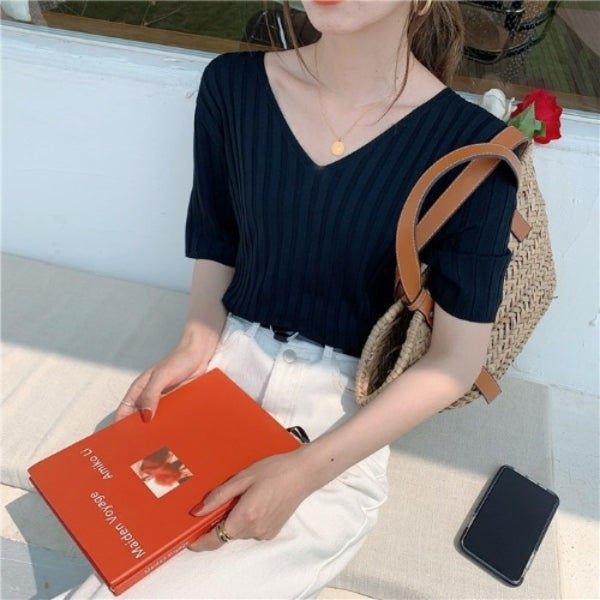 Summer Loose Fit Chicken Heart Collar Ice Silk T-Shirt
