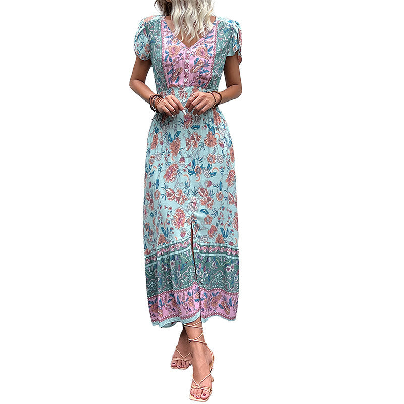 Summer Ethnic Style V-Neck Vacation Dress for Women