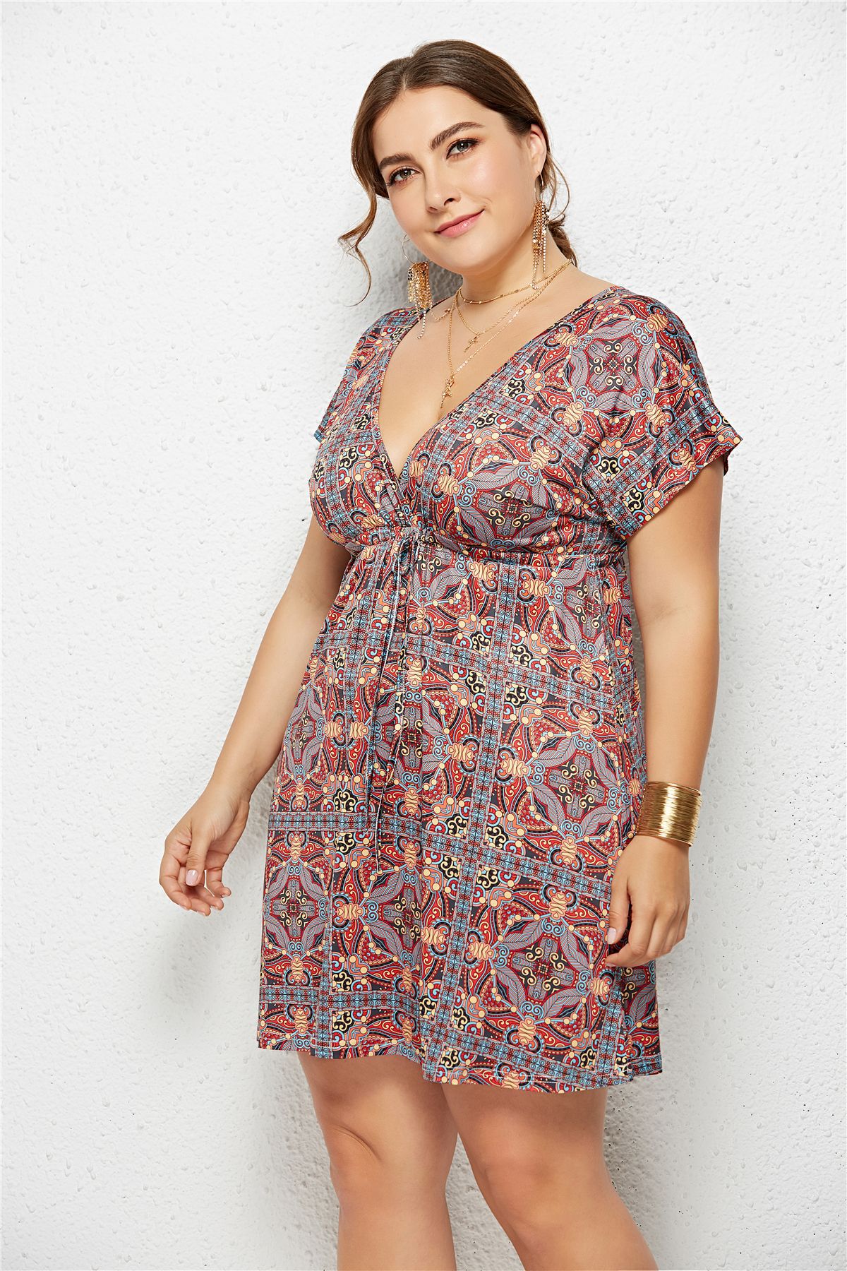 Women's Printed Deep V-Neck Dress — Elastic Waist