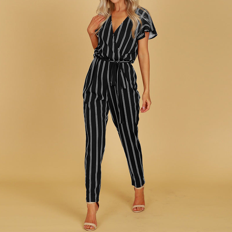 Elegant Striped V-Neck Backless Jumpsuit