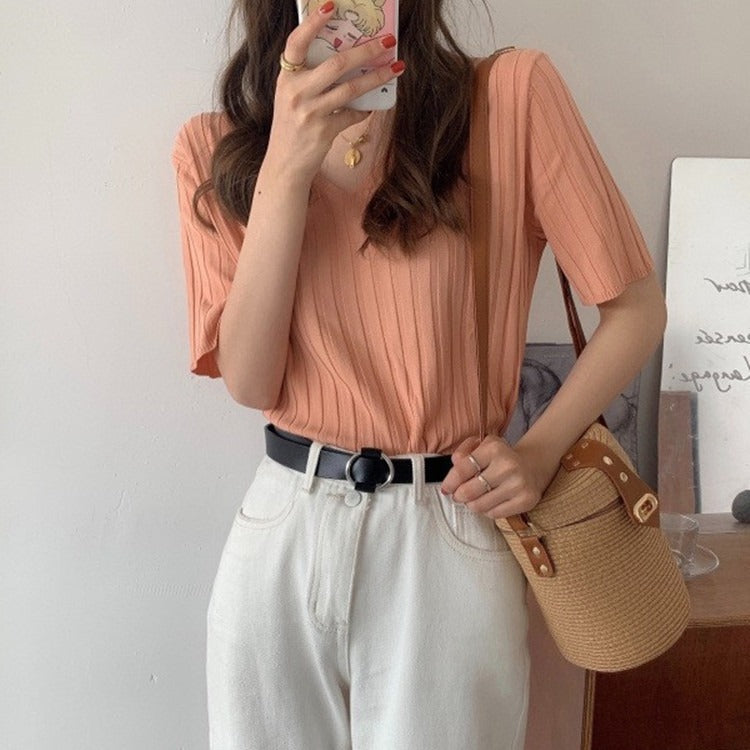 Summer Loose Fit Chicken Heart Collar Ice Silk T-Shirt