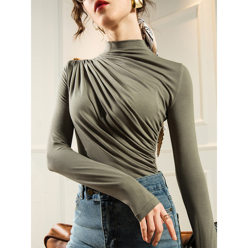 Chic Pleated Turtleneck Long Sleeve Top for Women