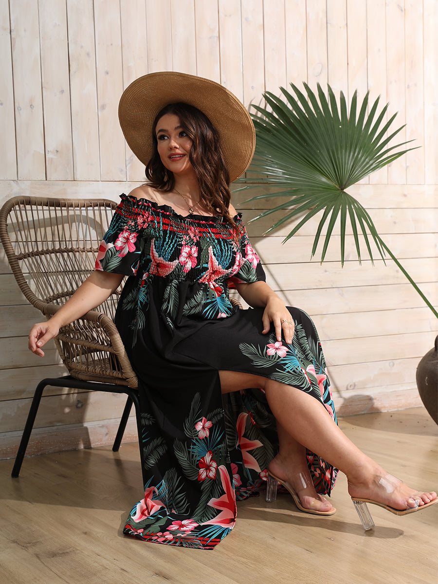 Plus Size Tropical Print Off-Shoulder Maxi Dress