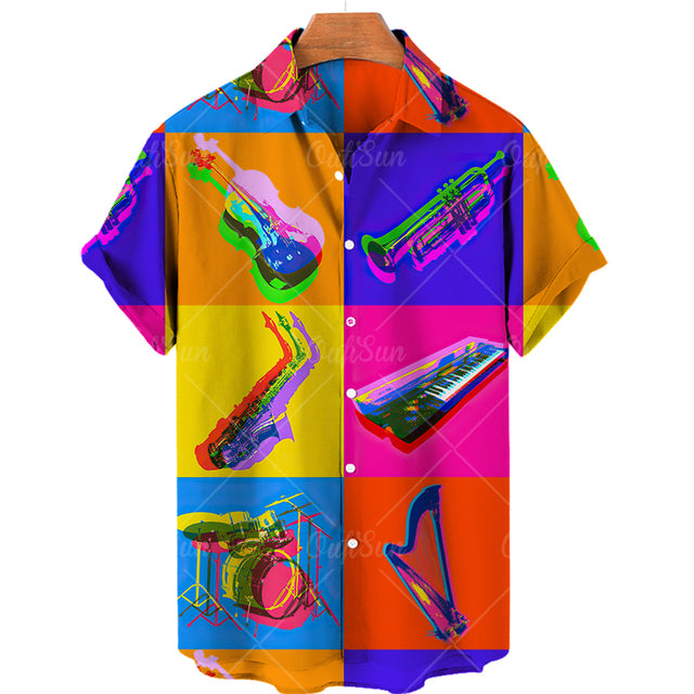 Men's Casual 3D Guitar Print Short Sleeve Shirt