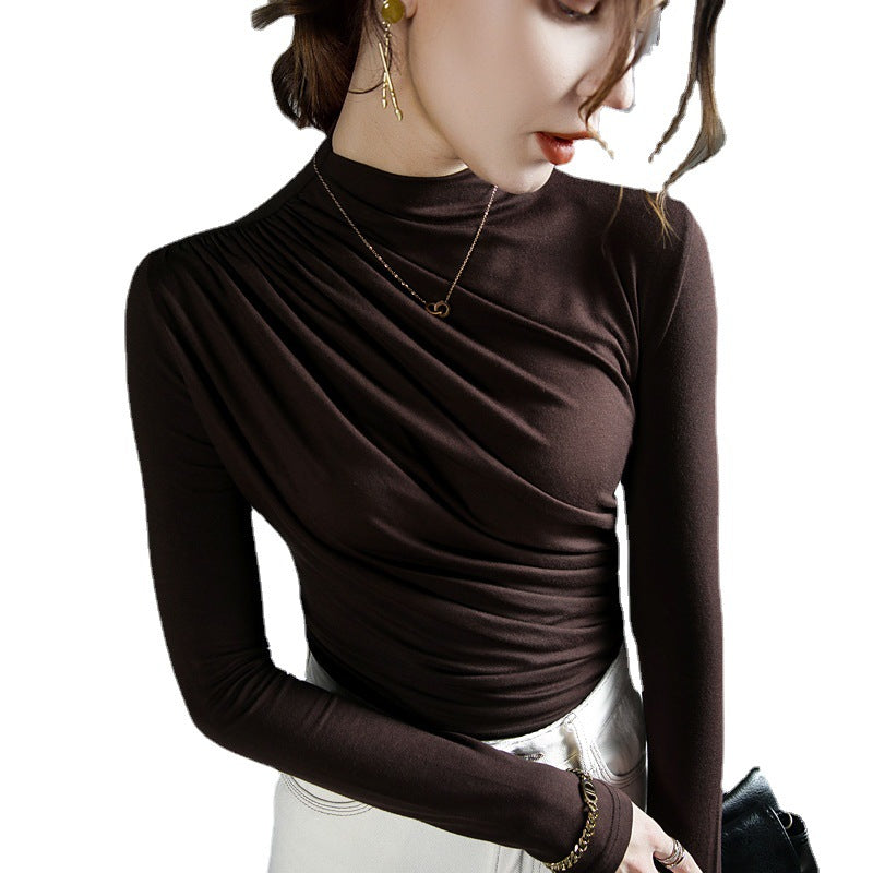 Chic Pleated Turtleneck Long Sleeve Top for Women