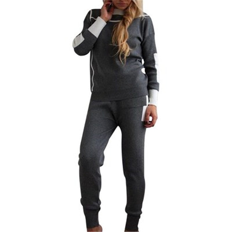 Fashion Color Block Knitted Women's Casual Set