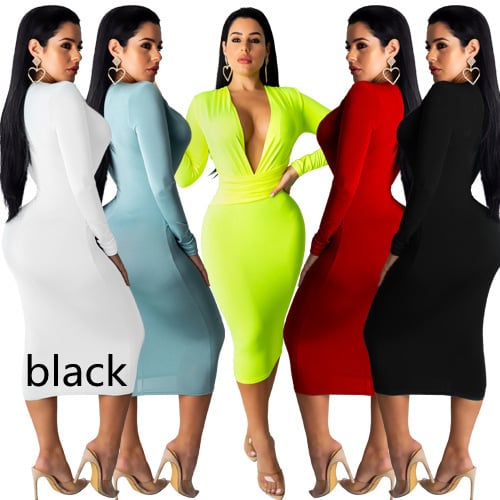 Deep V Neck Long Sleeve Hip Dress