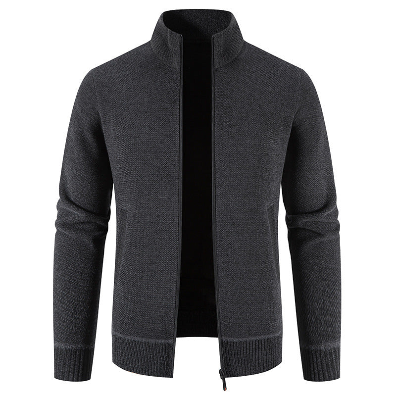 Men's Thick Fleece-Lined Stand Collar Knitted Jacket