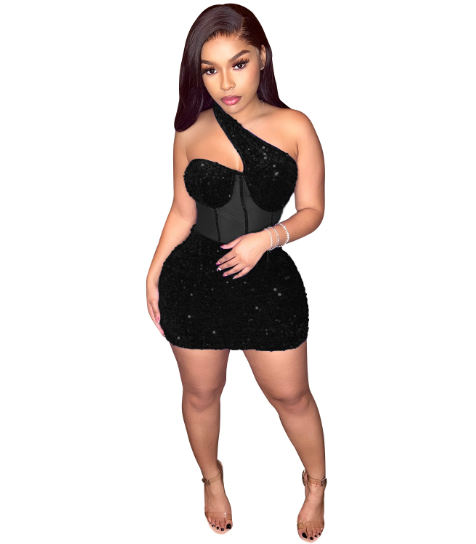 Fashion Mesh Sloping Shoulder Dress for Women