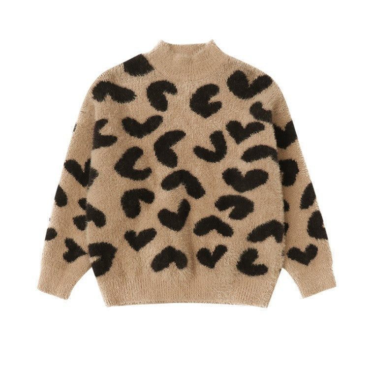 Girls' Leopard Print Mink Wool Sweater | Warm Knit Pullover | 110–160cm