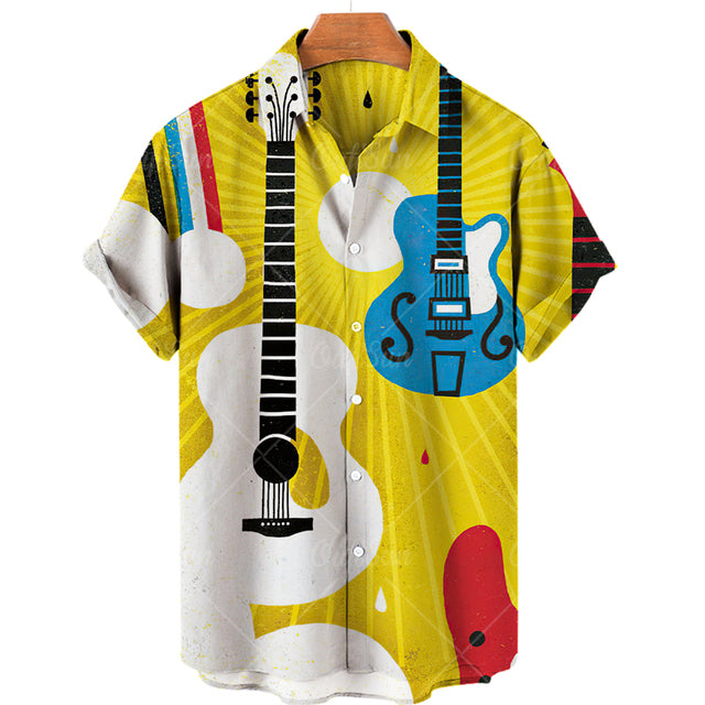 Men's Casual 3D Guitar Print Short Sleeve Shirt