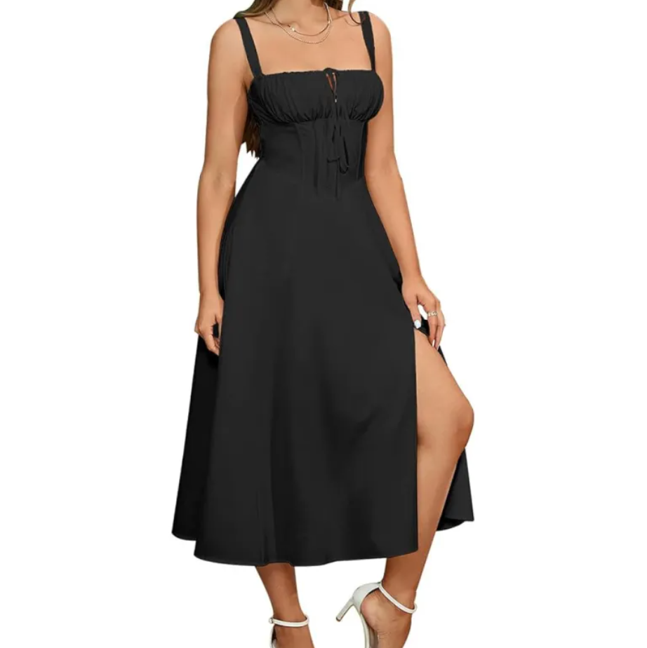 Lace-Up Slit Midi Dress for Women
