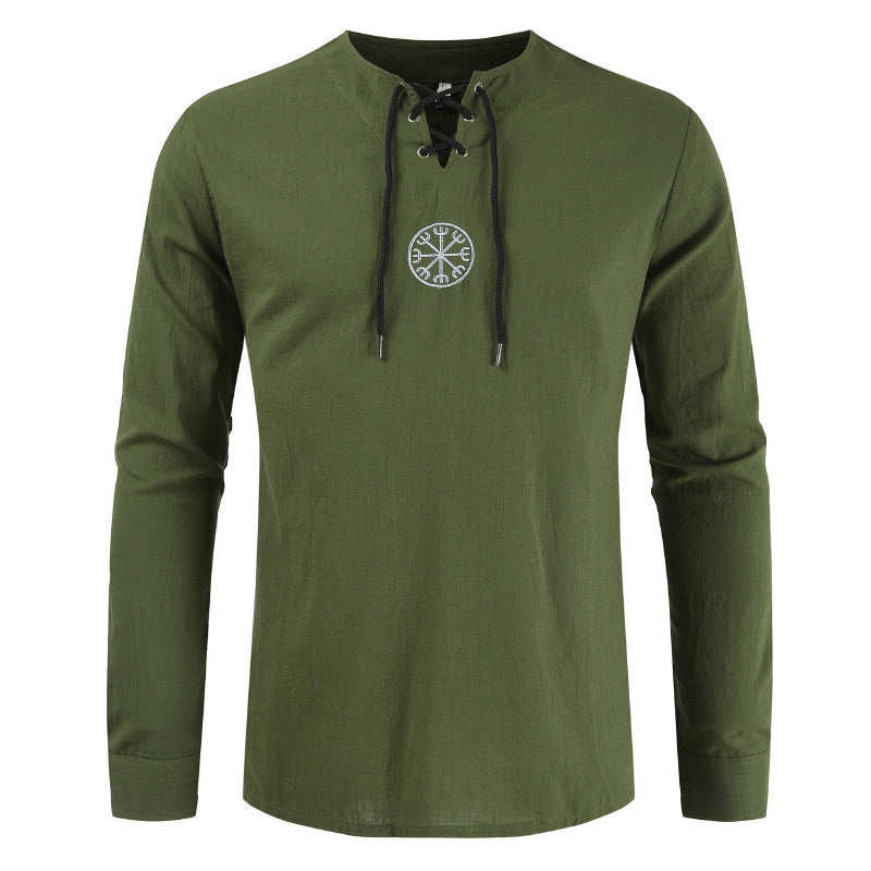 Embroidered Long-Sleeved Cotton Linen Tether Shirt
