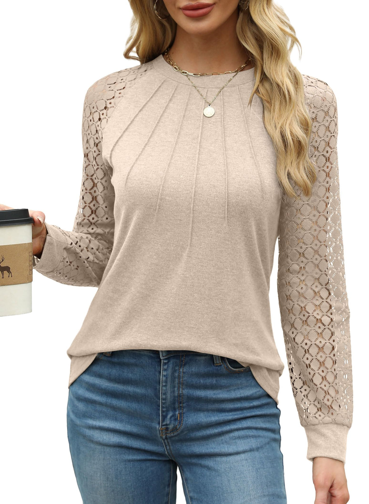 Women's Lace Long Sleeve Top | Loose Crew Neck, All-Season