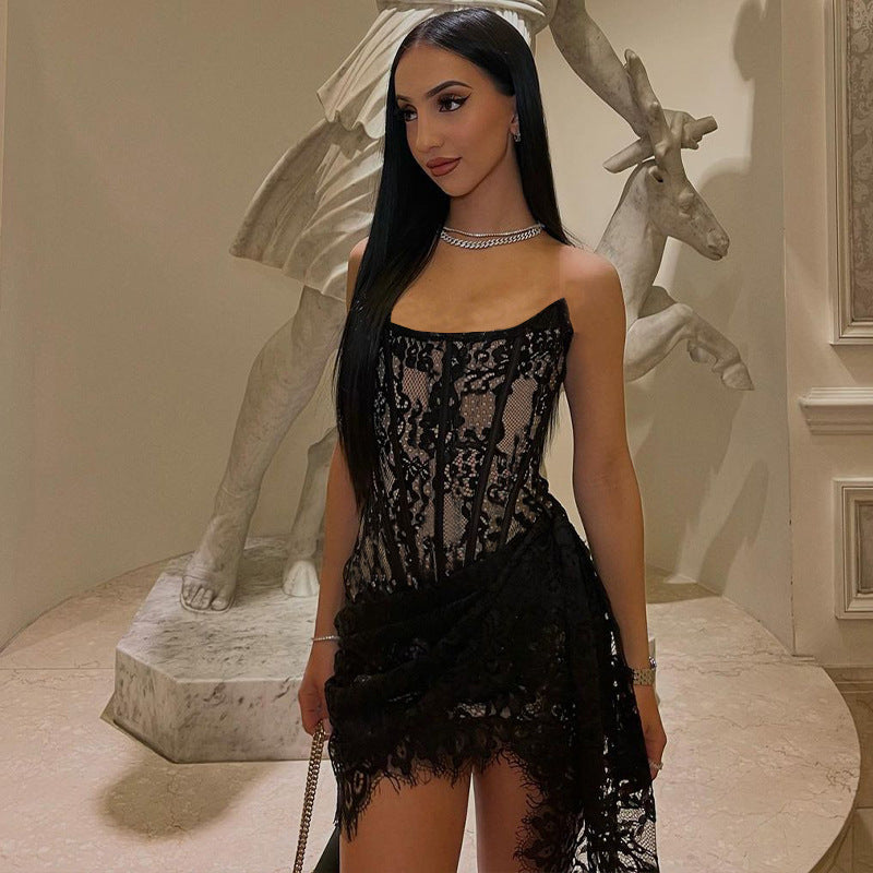 Fashionable Lace Low-Cut Dress for Women in Autumn
