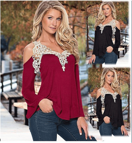 Women's Lace Strapless V-neck Flared Sleeve T-shirt