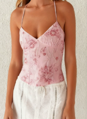 Women's Mesh Plant Print Low-cut Halter Tank Top