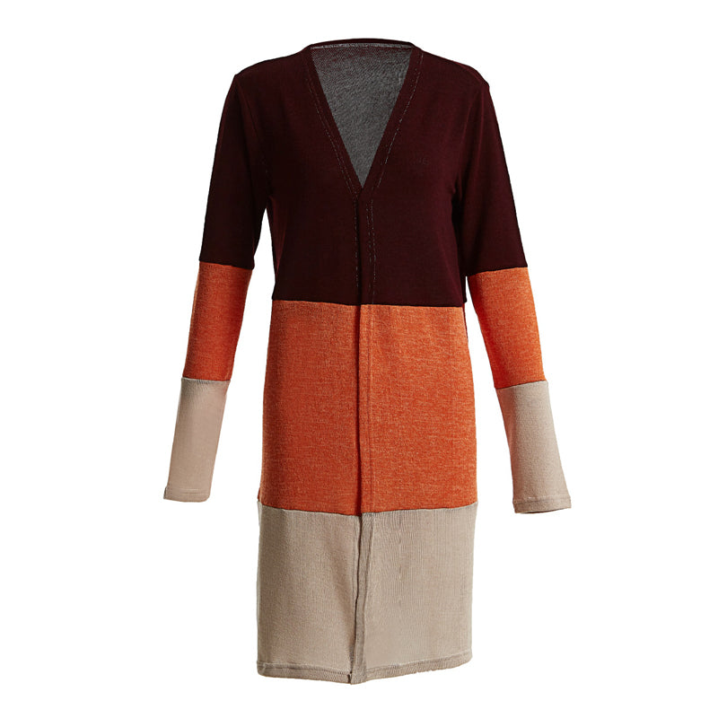 Women's Color Block Cardigan Sweater | Three-Tone Knit | Orange, Khaki, Blue, Grey | S–XXL