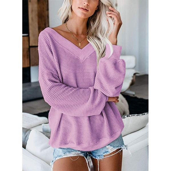 Loose V-Neck Knit Sweater — Plaid Design