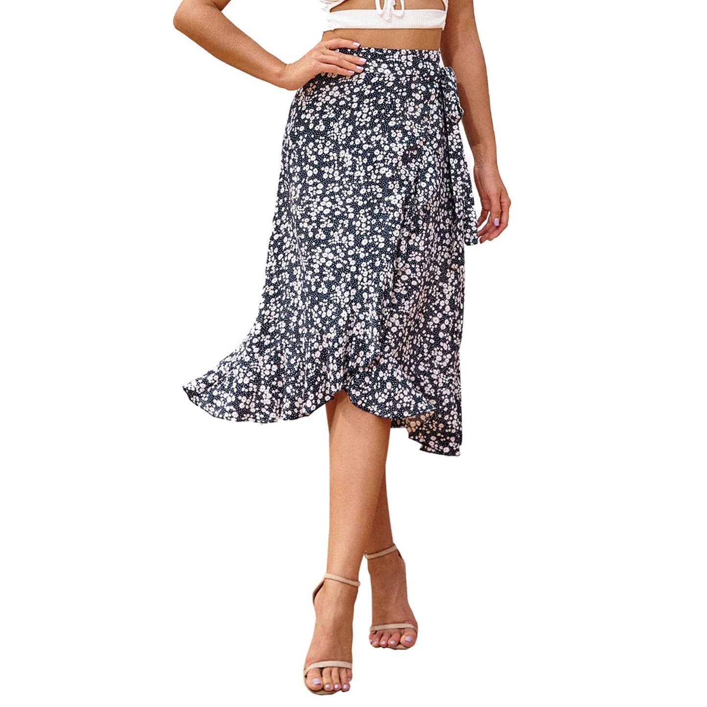 Retro Floral Wave Lace-Up Skirt for Holidays