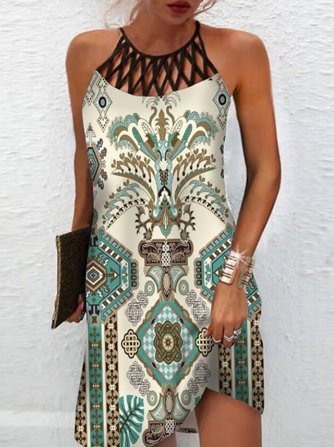 Casual Bohemian Dress with Ethnic Print Design