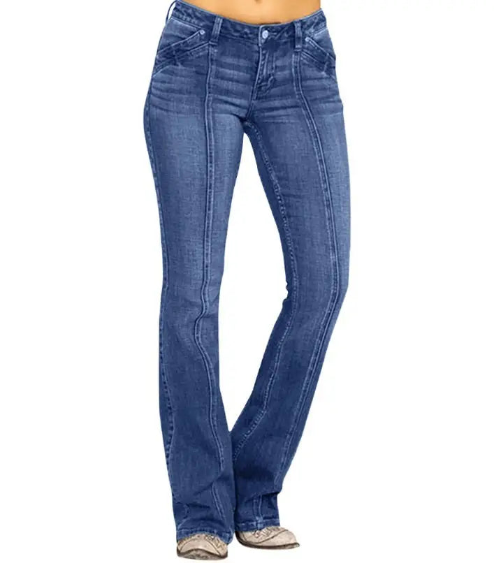 Slim Fit Mid Rise Flare Denim Jeans with Pockets