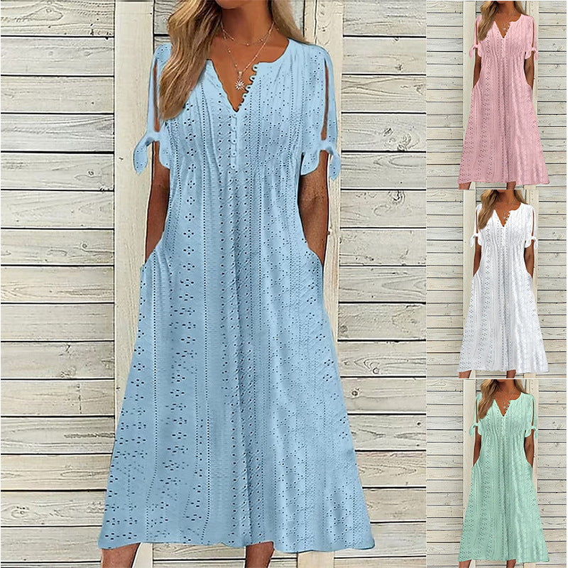 Summer Women's Lace V-Neck Dress with Ruffles