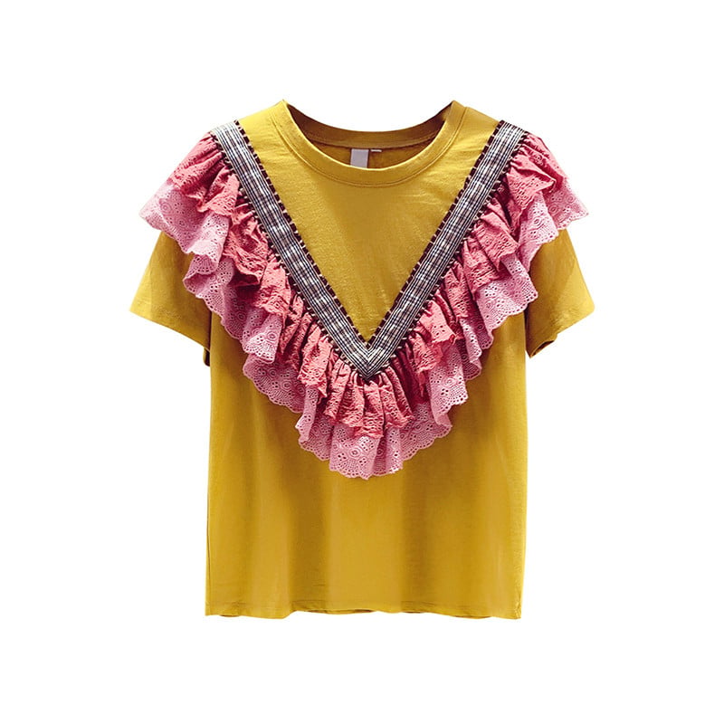 Ruffled Cotton Short-Sleeved T-Shirt with Lace Stitching