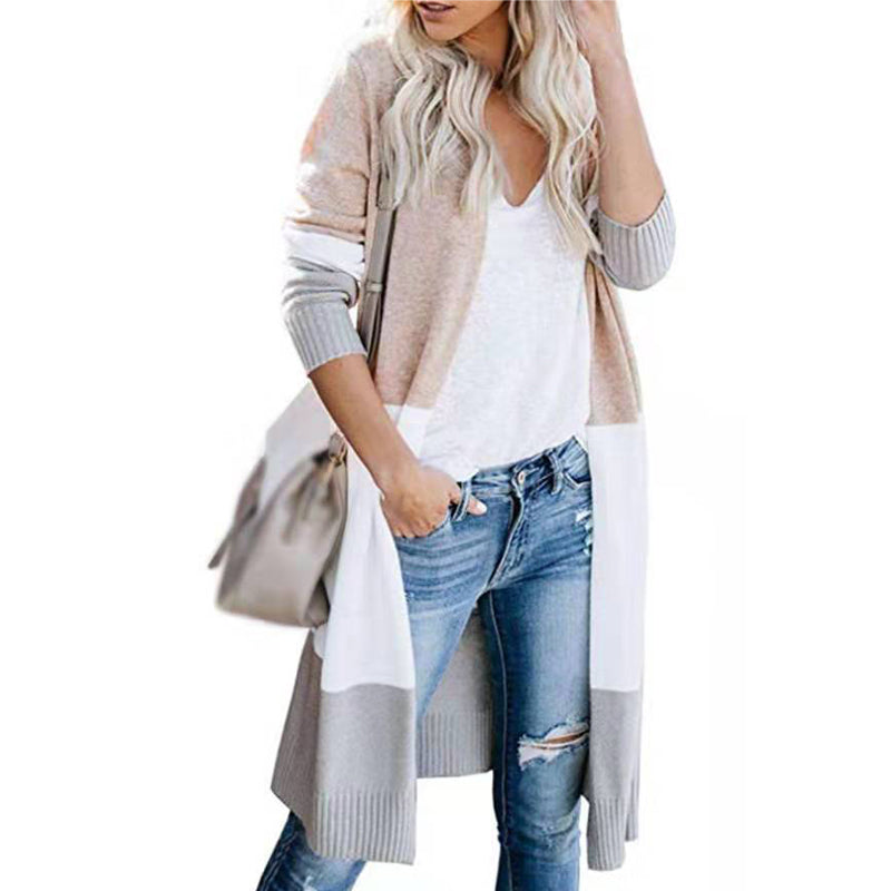 Women's Color Block Cardigan Sweater | Three-Tone Knit | Orange, Khaki, Blue, Grey | S–XXL