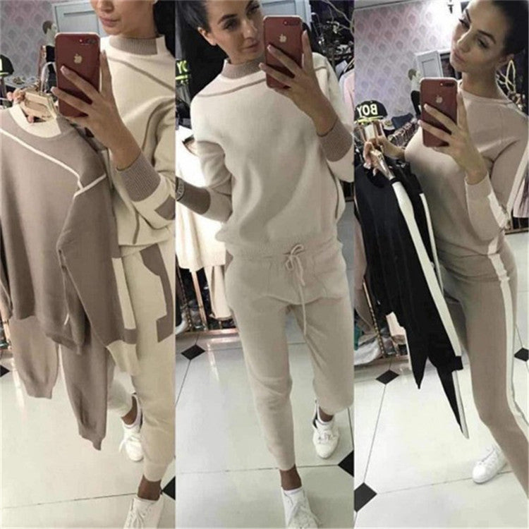 Fashion Color Block Knitted Women's Casual Set