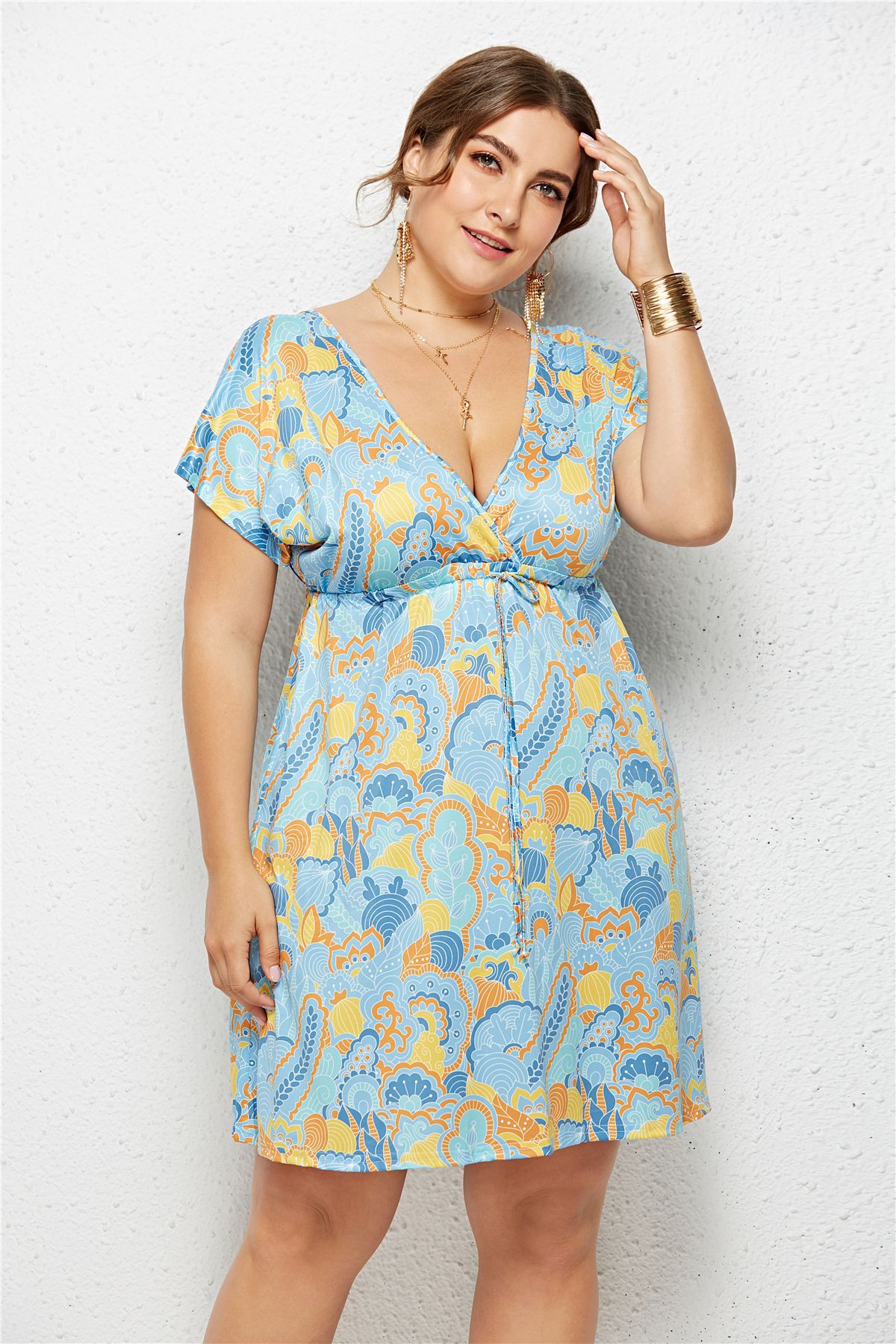Women's Printed Deep V-Neck Dress — Elastic Waist