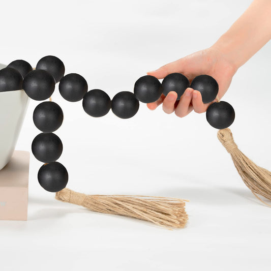OMISHE Large Wood Bead Garland with Tassels | Black | 50 Inch | Farmhouse Decor