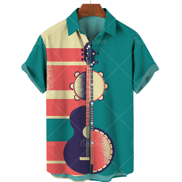 Men's Casual 3D Guitar Print Short Sleeve Shirt