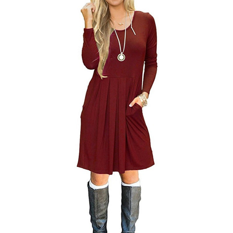Graceful Fashionable Pleated Round-neck Long-sleeve Dress