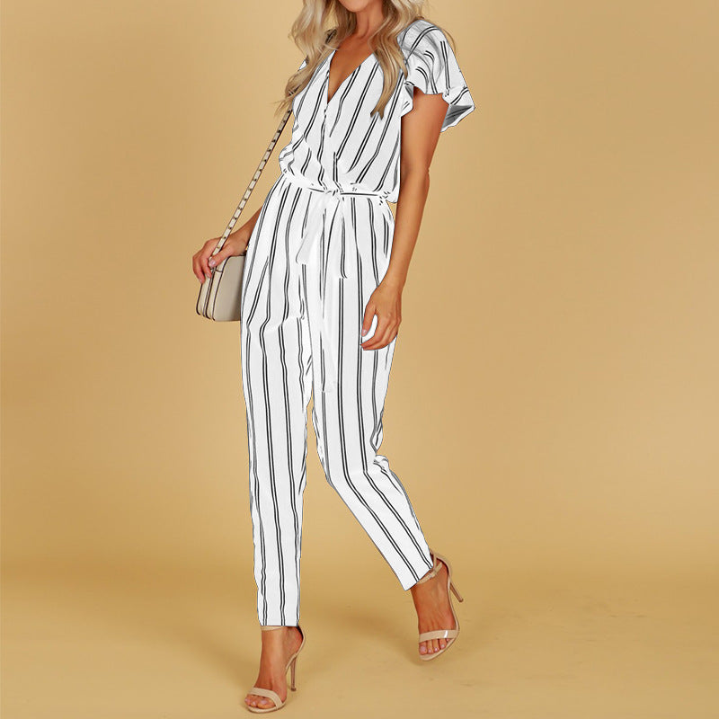 Elegant Striped V-Neck Backless Jumpsuit