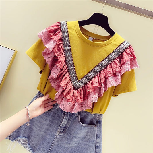 Ruffled Cotton Short-Sleeved T-Shirt with Lace Stitching