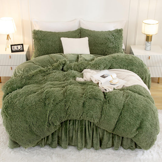 Andency Faux Fur Comforter Set | Sage Green | Queen | 3-Piece