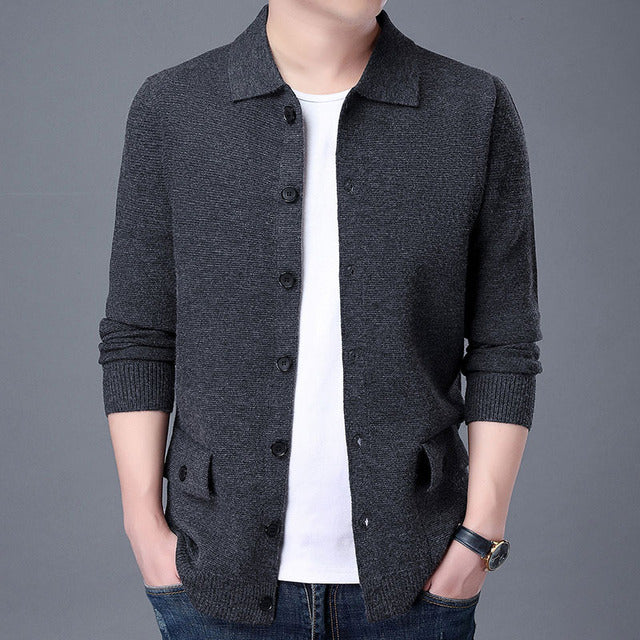 Vintage Knitted Lapel Cardigan for Men in Wool Blend
