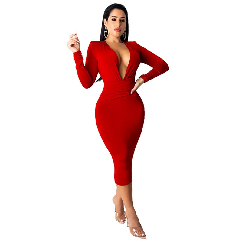 Deep V Neck Long Sleeve Hip Dress