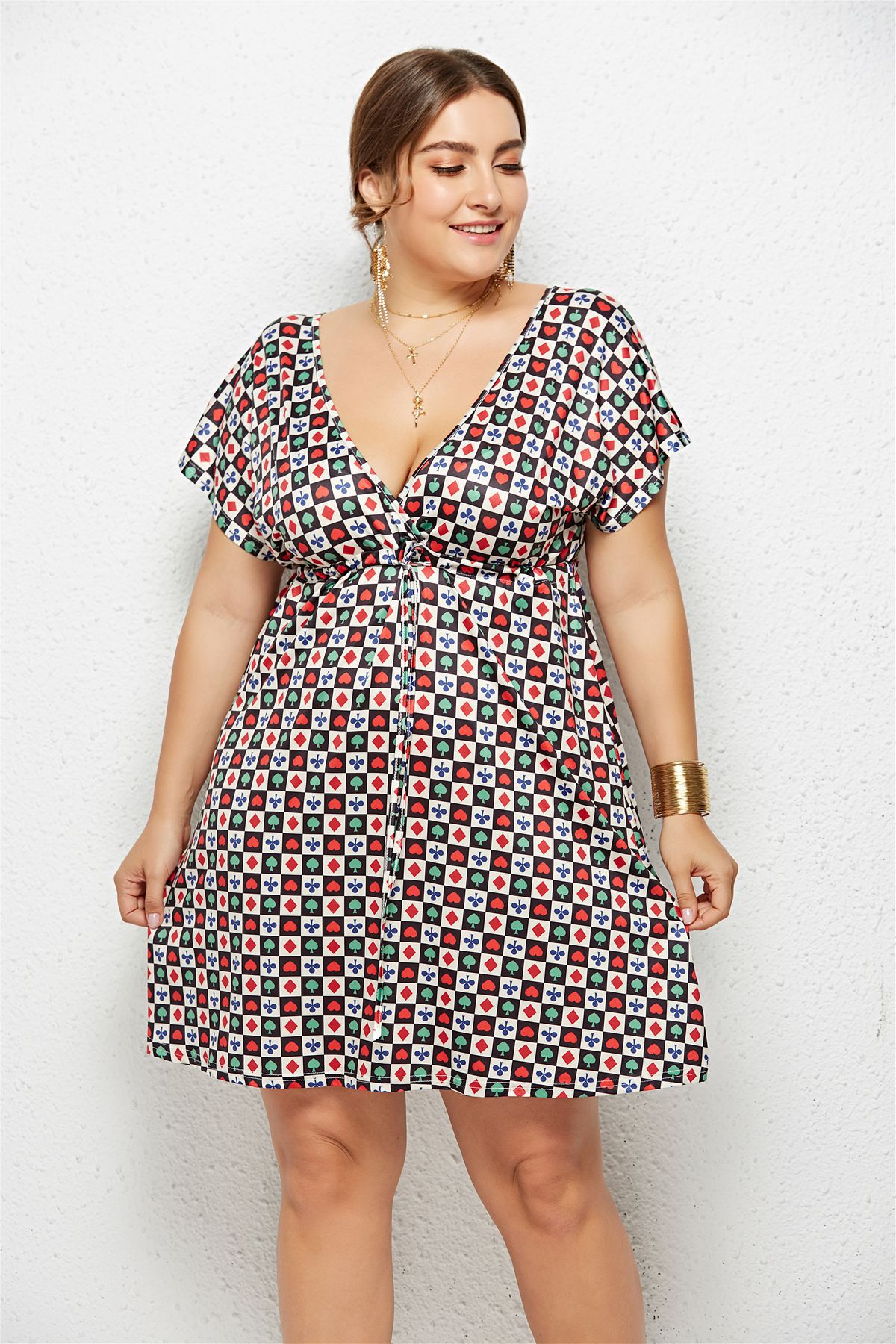 Women's Printed Deep V-Neck Dress — Elastic Waist