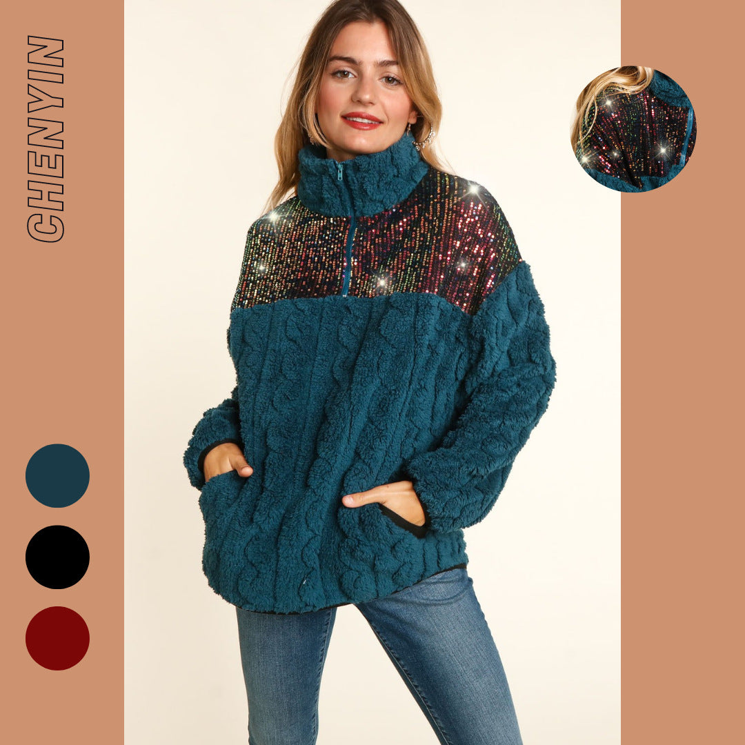 Stylish Patchwork Lambswool Jacket with Studs