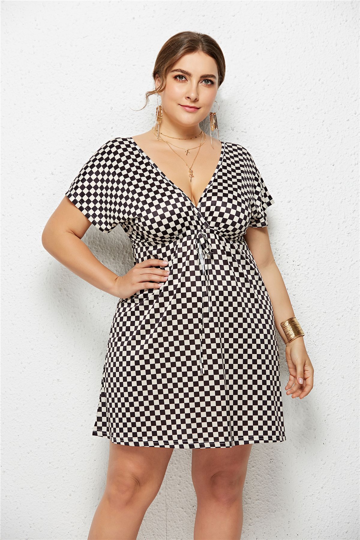 Women's Printed Deep V-Neck Dress — Elastic Waist