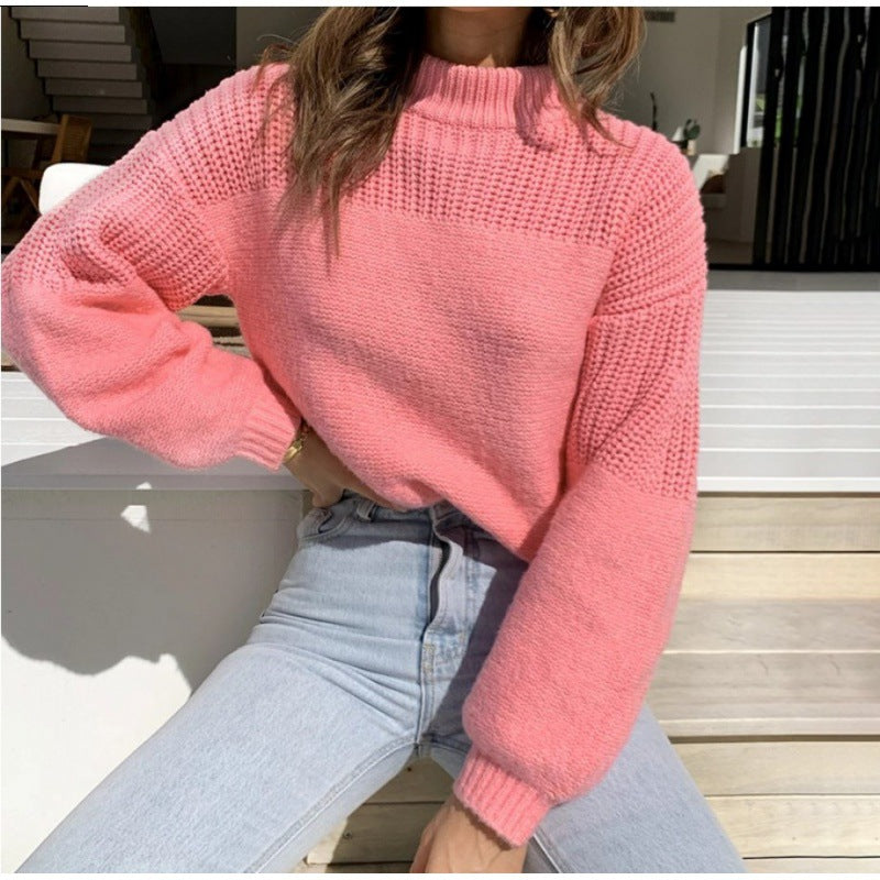 Women's Loose Crew Neck Pullover Sweater | Acrylic Knit | Purple & Apricot | S–L