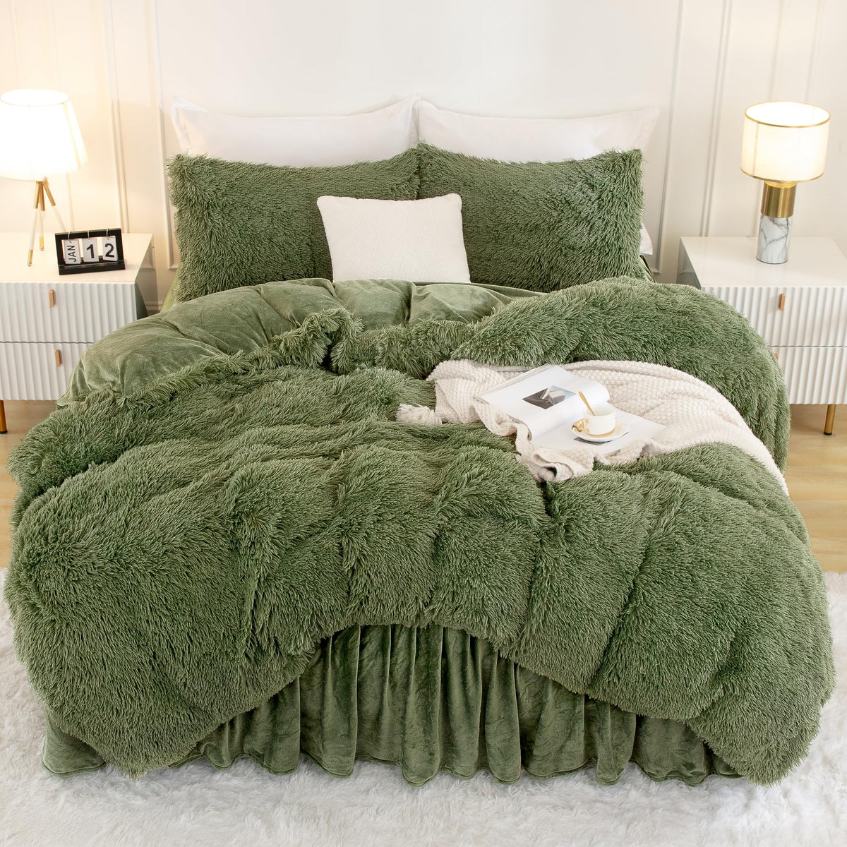 Andency Faux Fur Comforter Set | Sage Green | Queen | 3-Piece