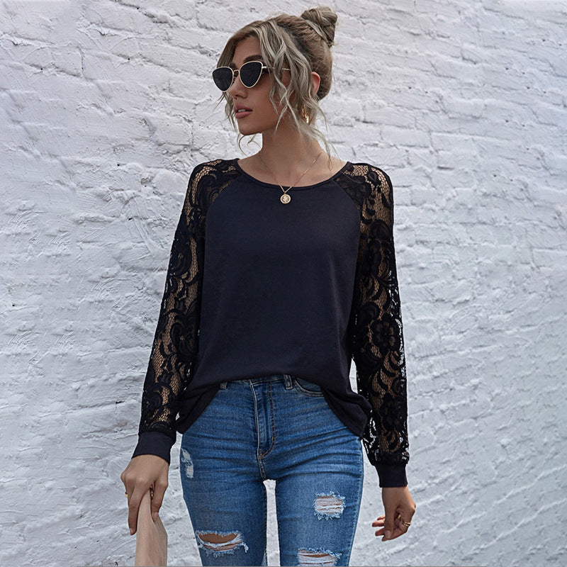 Hollow Lace Long-Sleeved Round Neck Sweater for Women