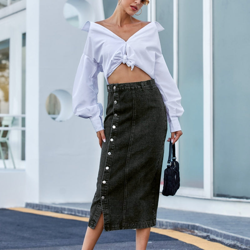 Irregular Slit High Waist Denim Skirt for Women